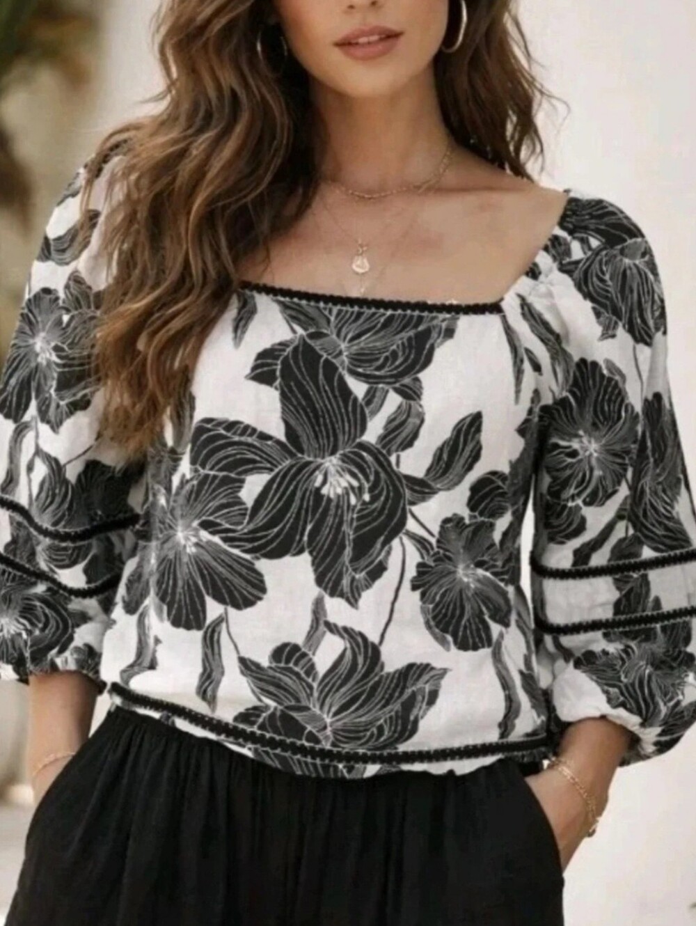 Tahari Women's 100% Linen Floral Print Peasant Blouse, Resortwear, Office